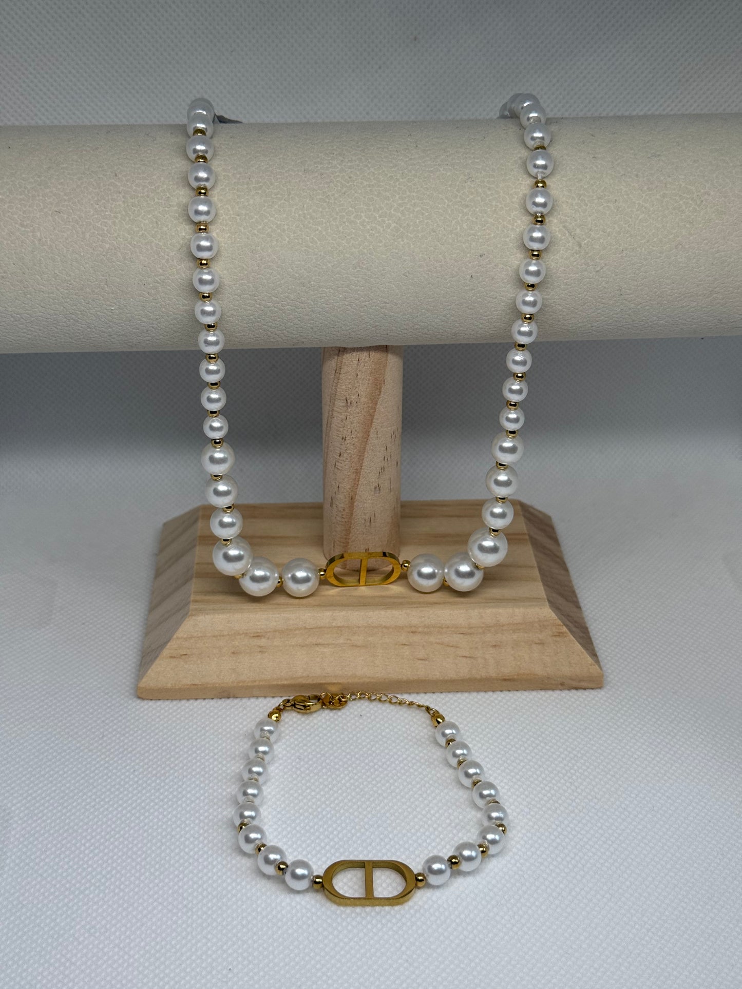 Gold CD Pearl Necklace and Bracelet Set