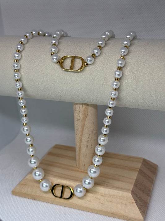 Gold CD Pearl Necklace and Bracelet Set