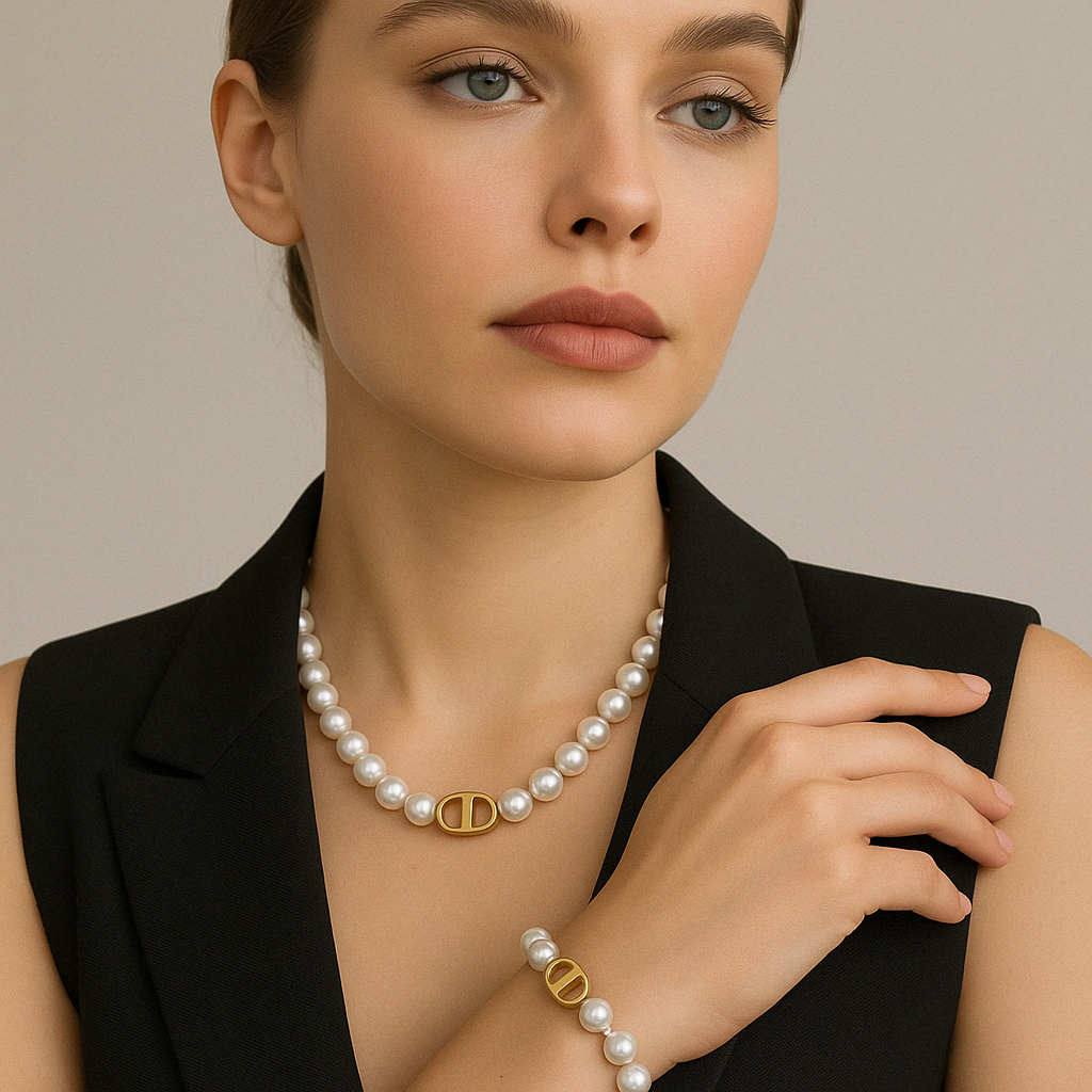 Gold CD Pearl Necklace and Bracelet Set